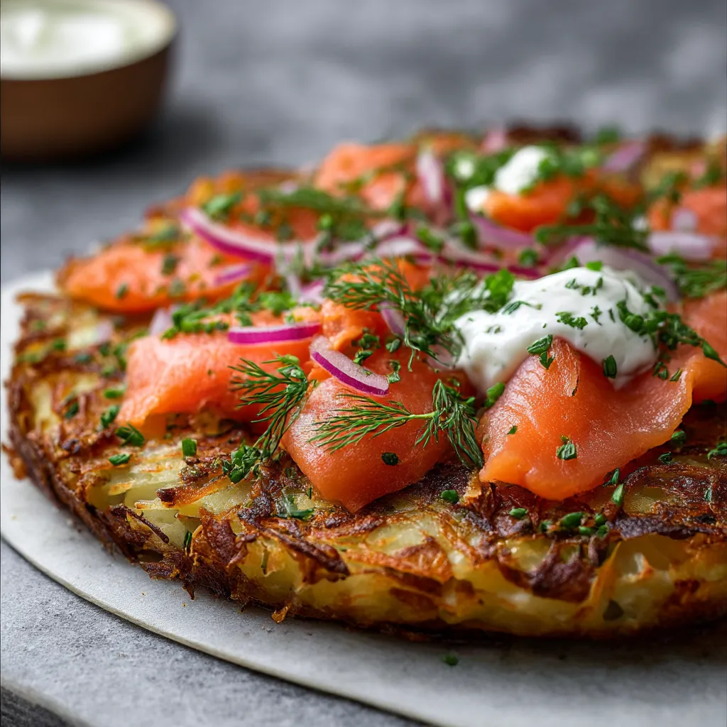 Crispy Potato Galette topped with Smoked Salmon & Crème Fraîche