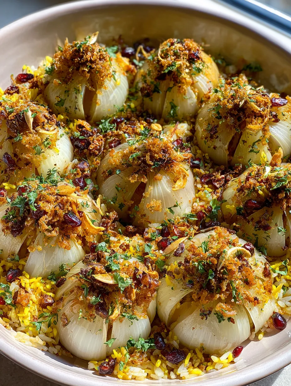 A bowl full of colorful onion parcels stuffed with jeweled rice.