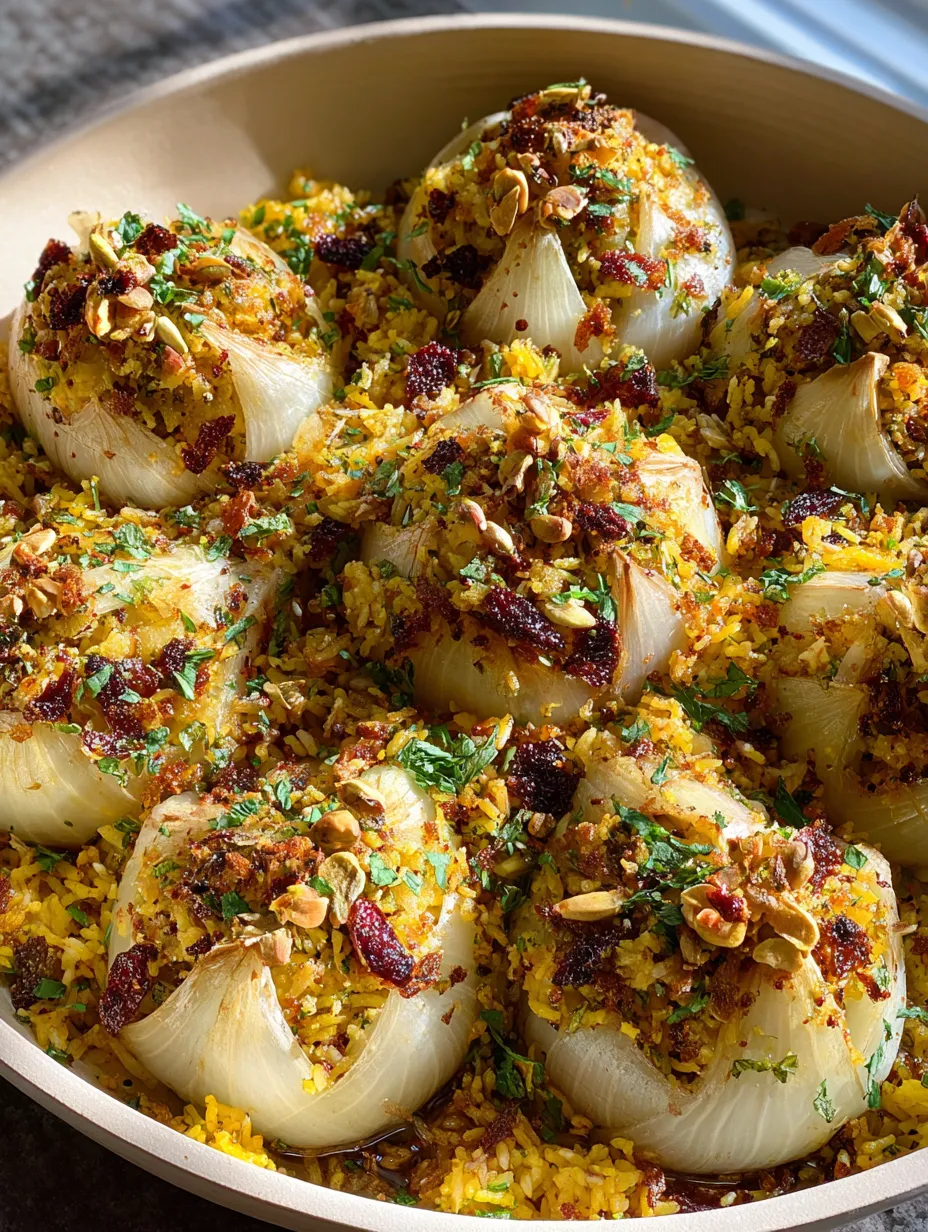 Overhead view of glossy stuffed onions filled with jeweled rice.