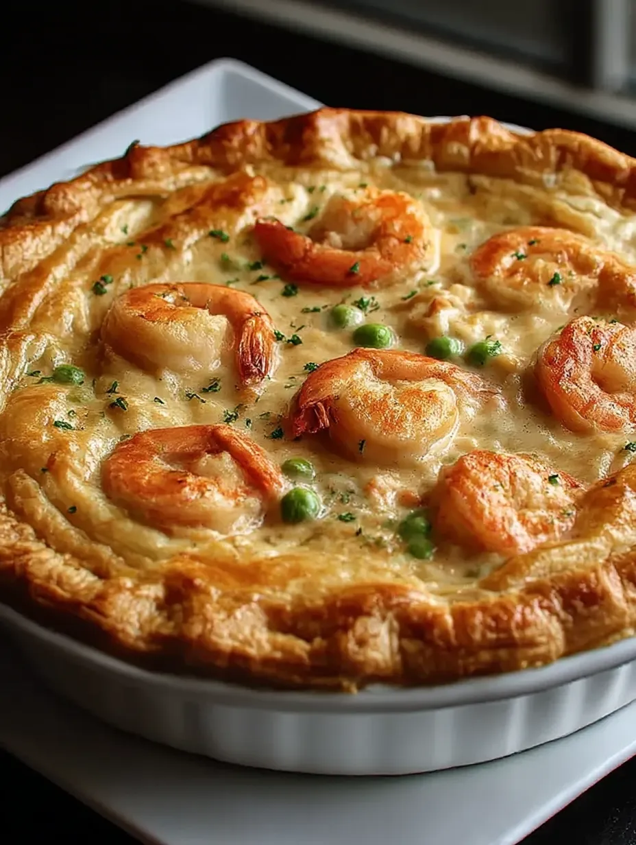 A white plate loaded with shrimp and peas in a pastry.