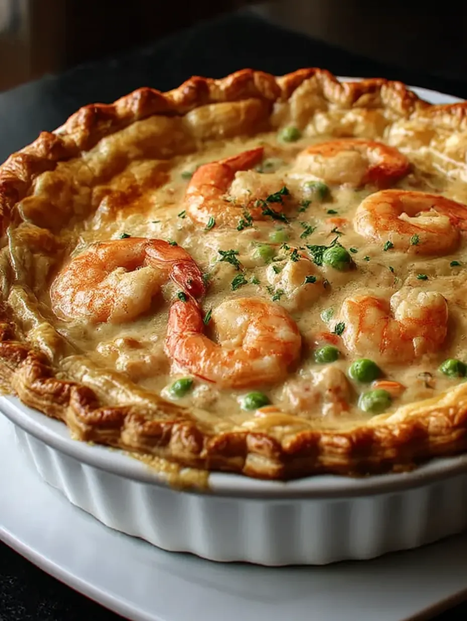 A white bowl with shrimp and peas in pastry.