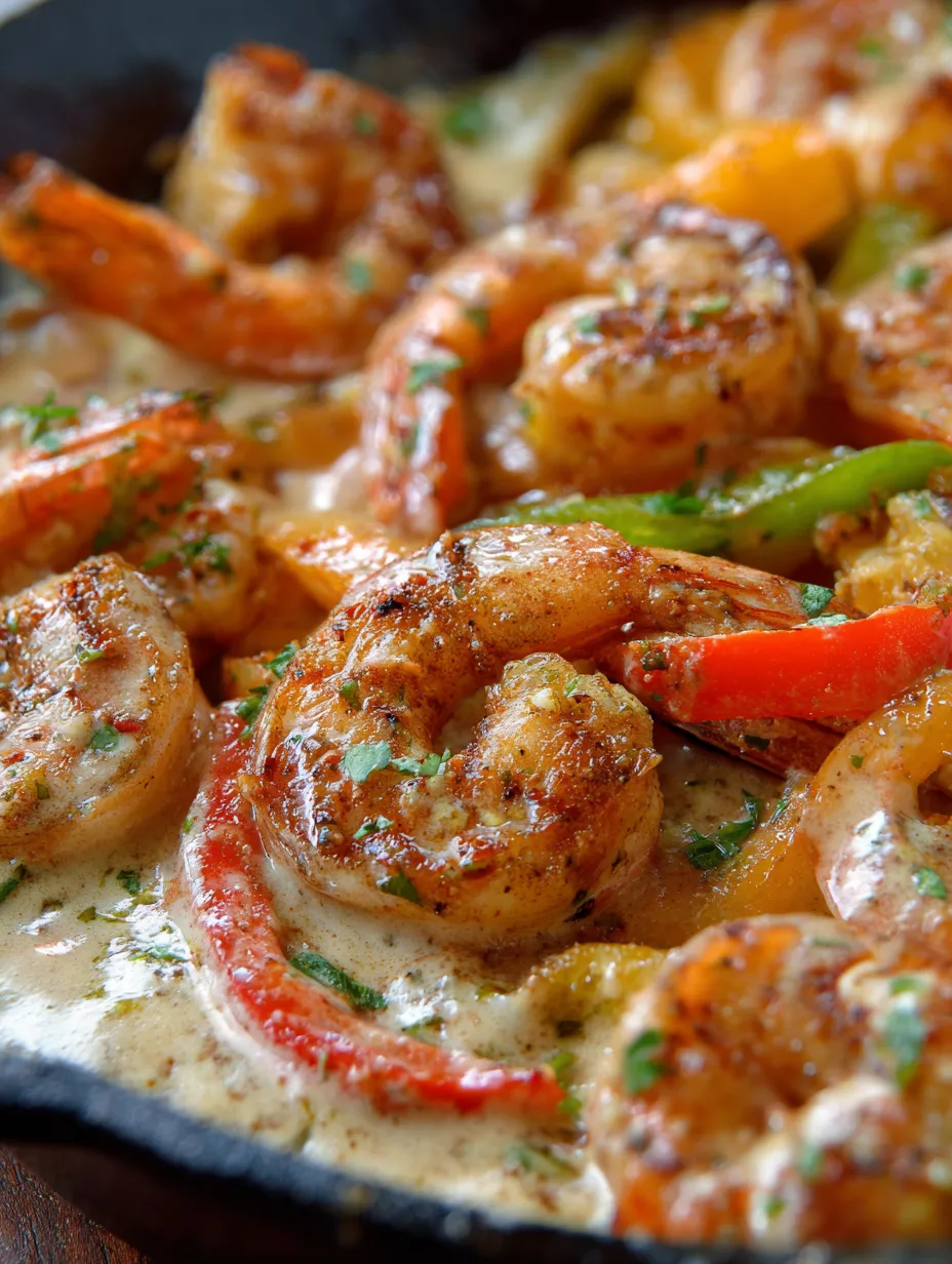 Juicy shrimp and peppers in creamy white sauce.