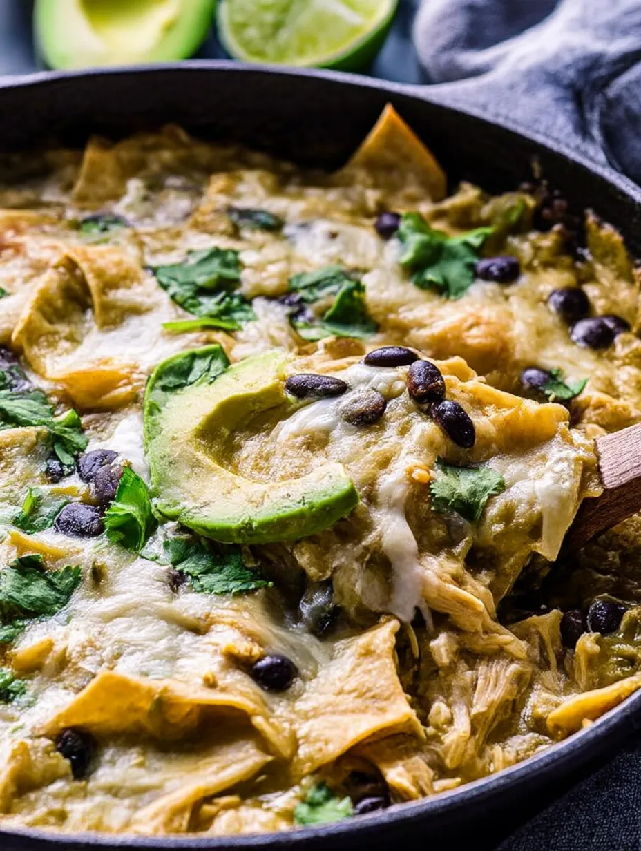 Green Chile Chicken Enchilada Skillet close up in pan.