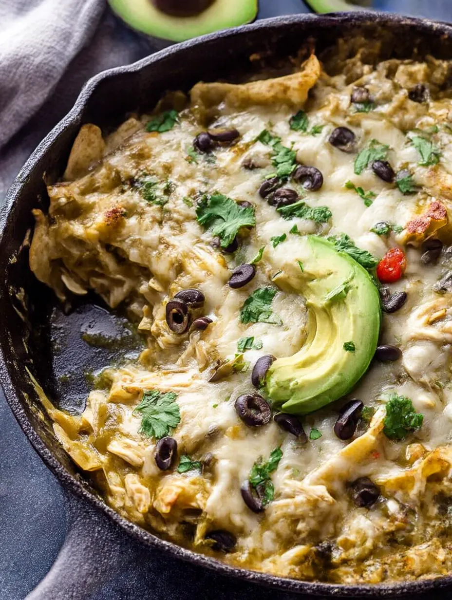 One pan meal: green chile chicken enchilada skillet in a skillet.