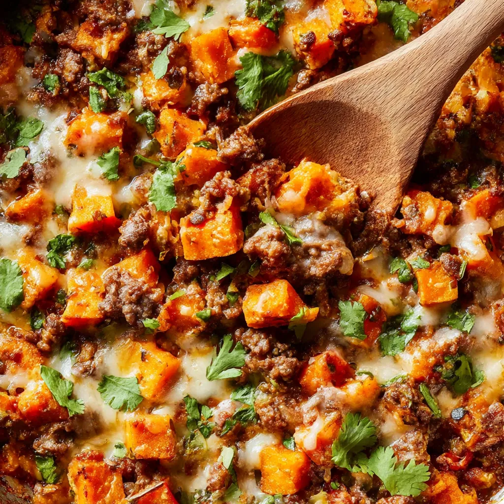 Ground beef and sweet potato skillet loaded up Southwest style