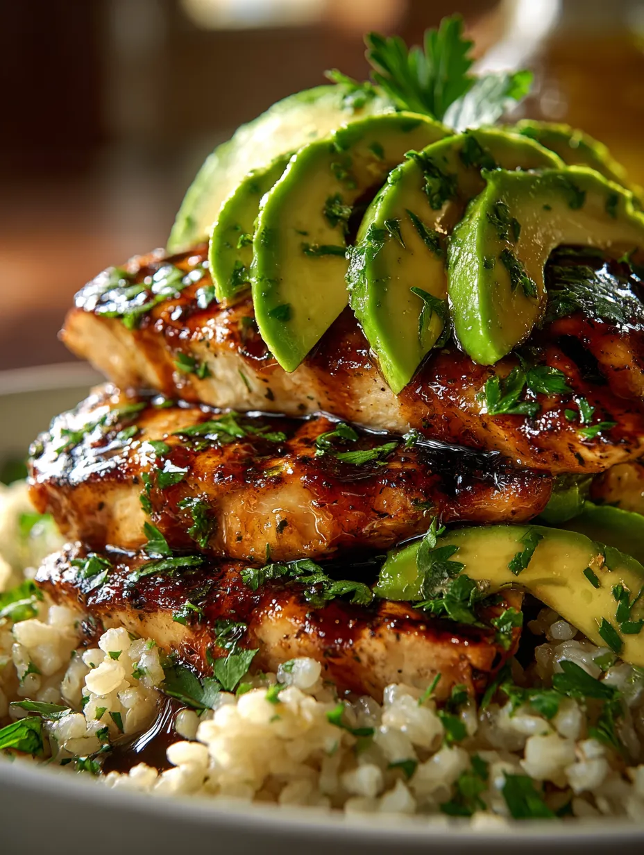 Honey lime chicken with avocado and rice stacked up on a plate.