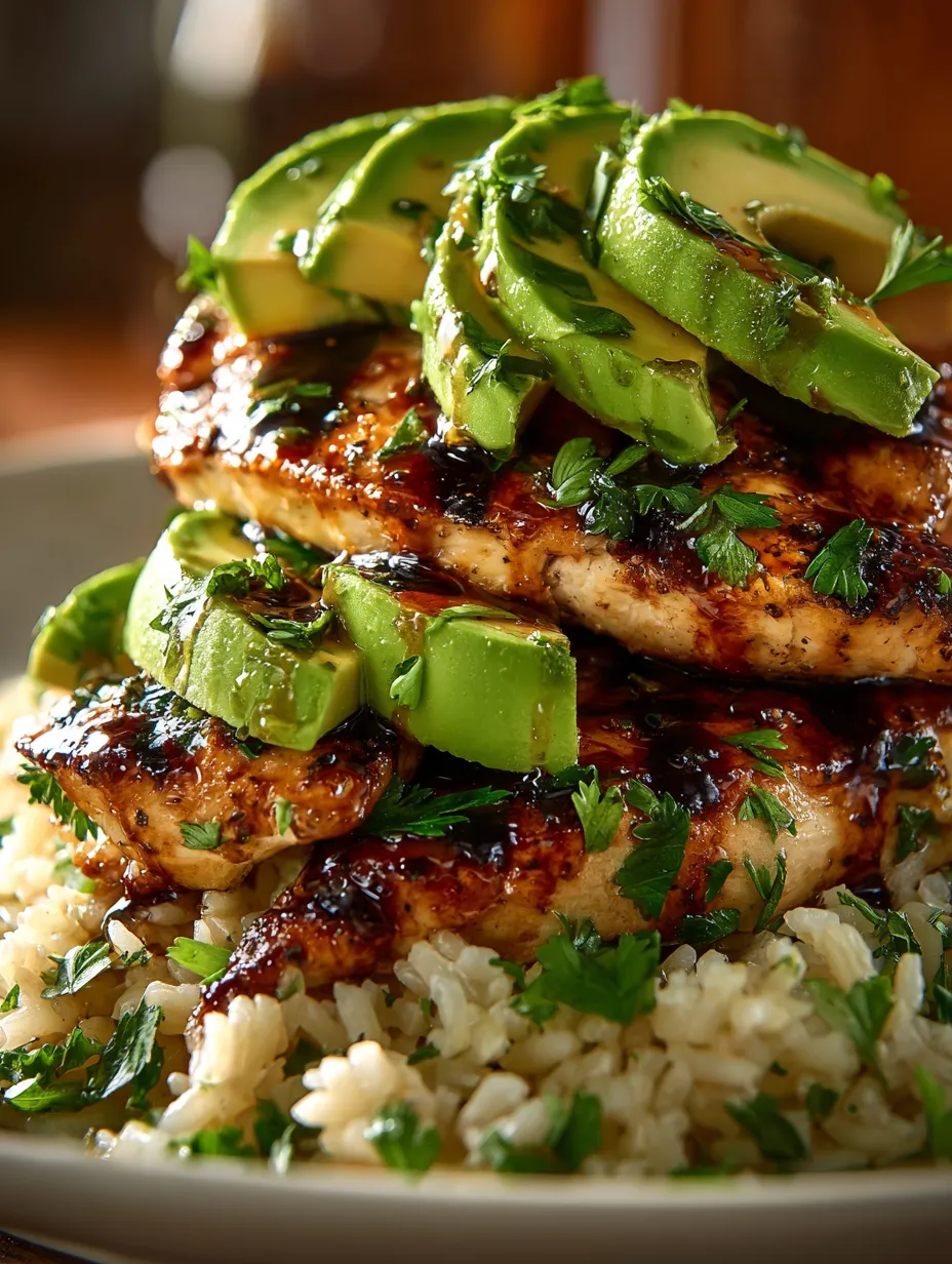 Chicken, rice, and avocado piled up in a stack on a plate.