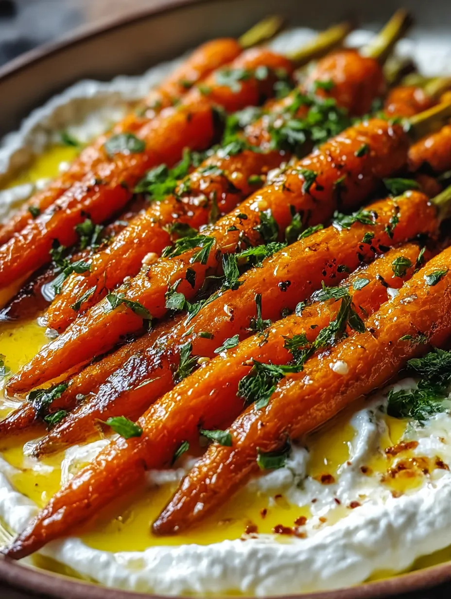 A colorful plate piled high with roasted carrots and swooshed ricotta cheese.