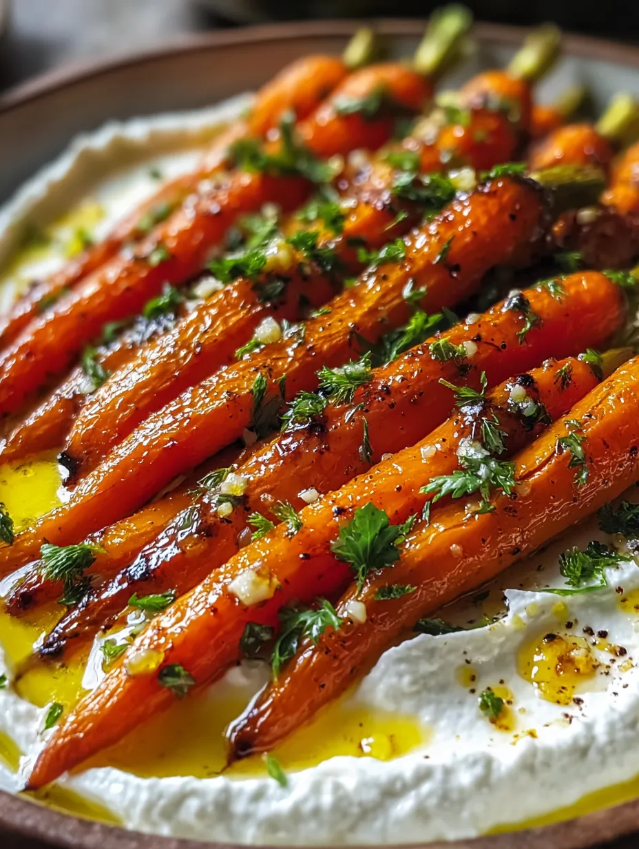 Colorful roasted carrots laying on whipped ricotta, garnished with herbs and nuts.