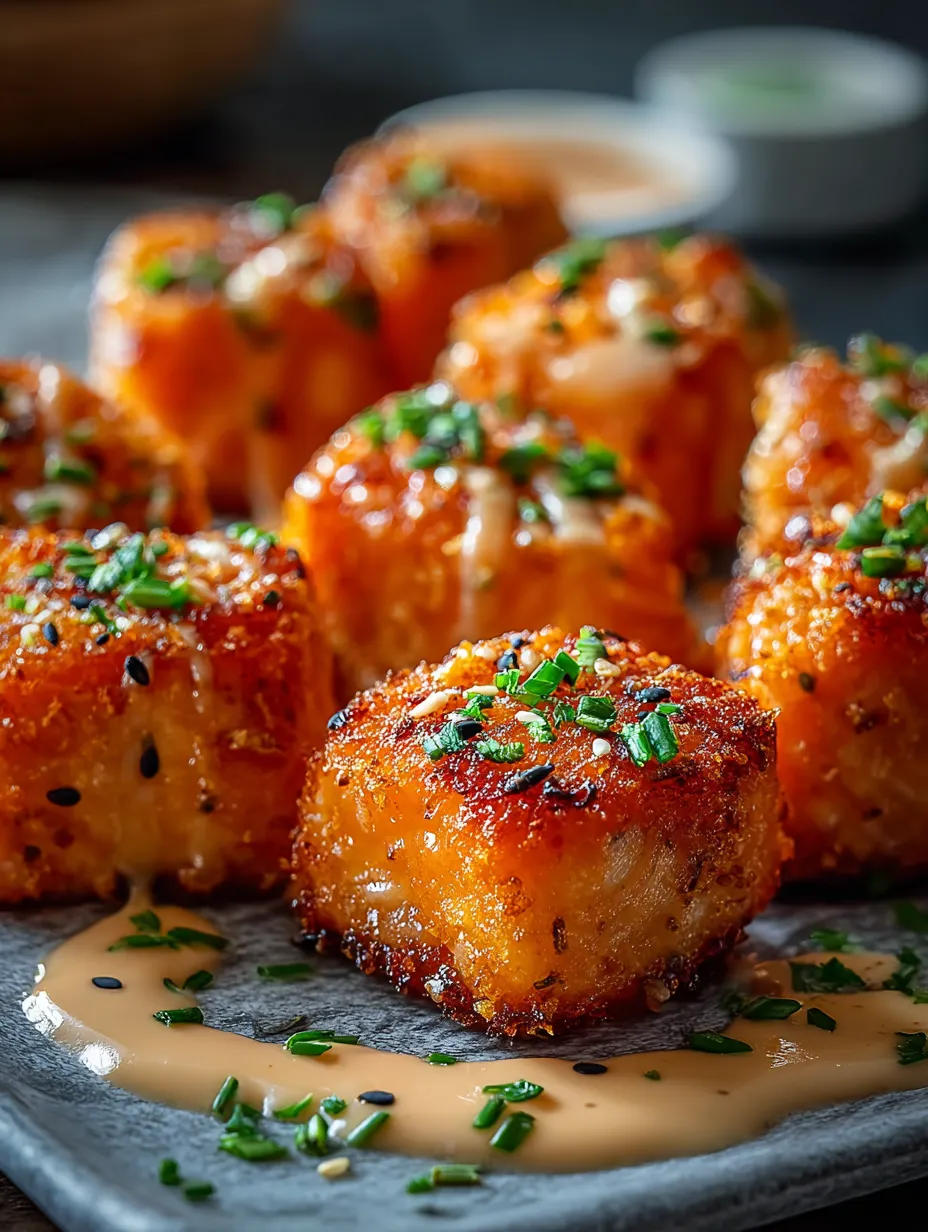 A plate stacked with crispy bang bang salmon bites ready to eat.