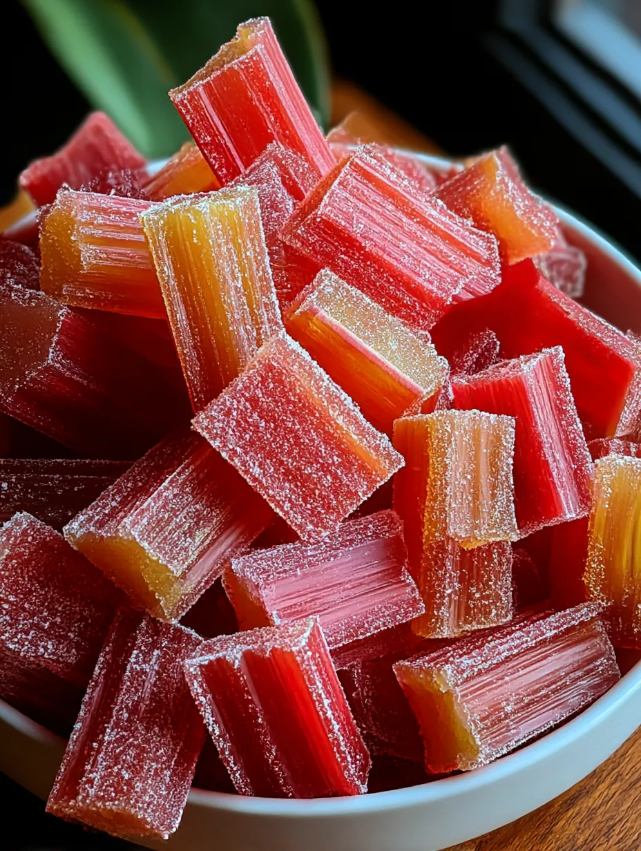 A bowl holding shiny candied rhubarb chunks.
