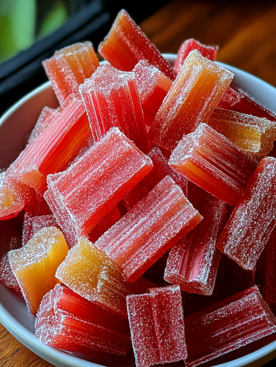 Simple candied rhubarb in a bowl.