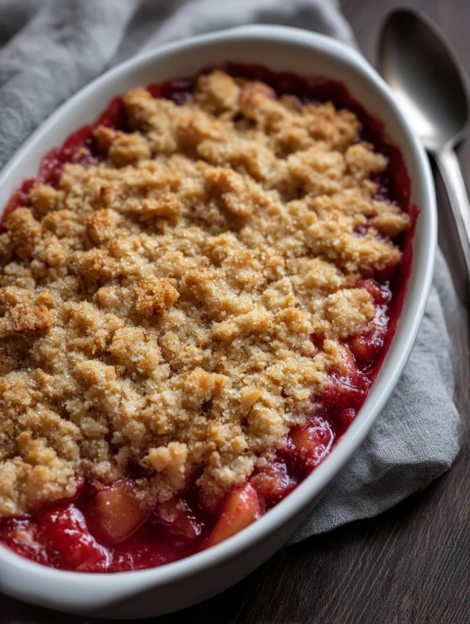 A bowl filled with rhubarb crisp.