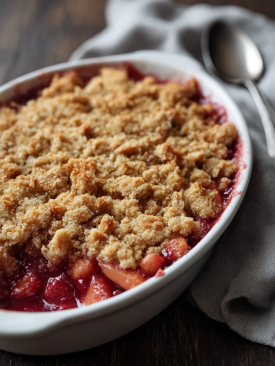 Freshly baked rhubarb crisp served in a bowl.