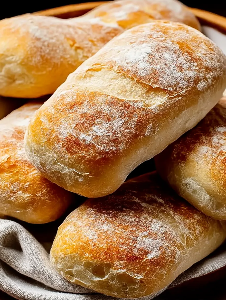 Three pieces of golden-brown ciabatta stacked on a table.