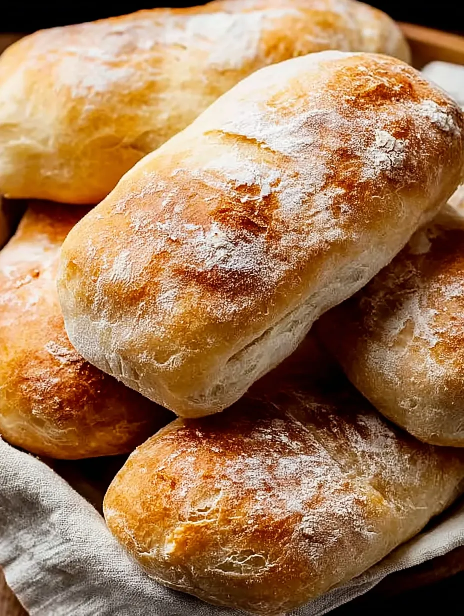 Fresh baked ciabatta stacked on a kitchen towel.