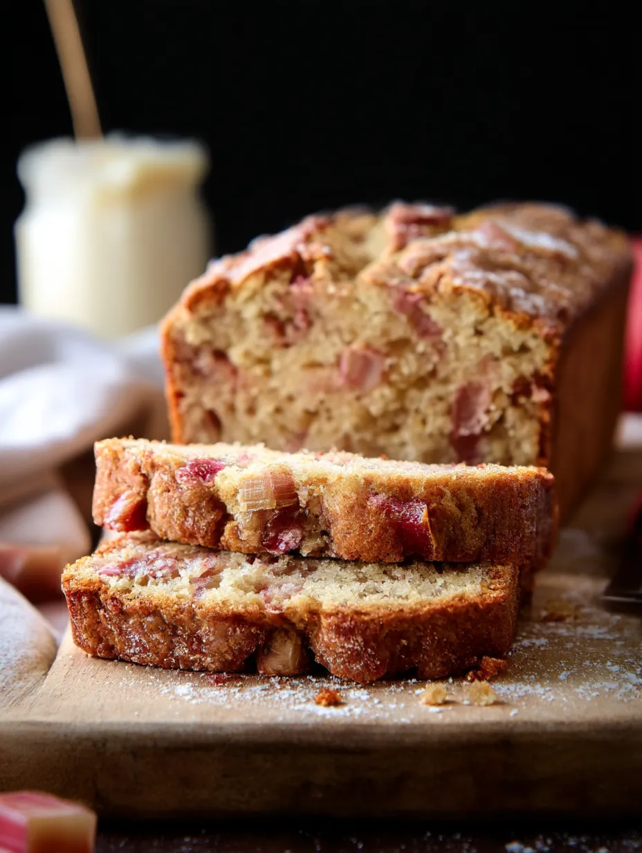 Slices of rhubarb bread with bright bits inside.