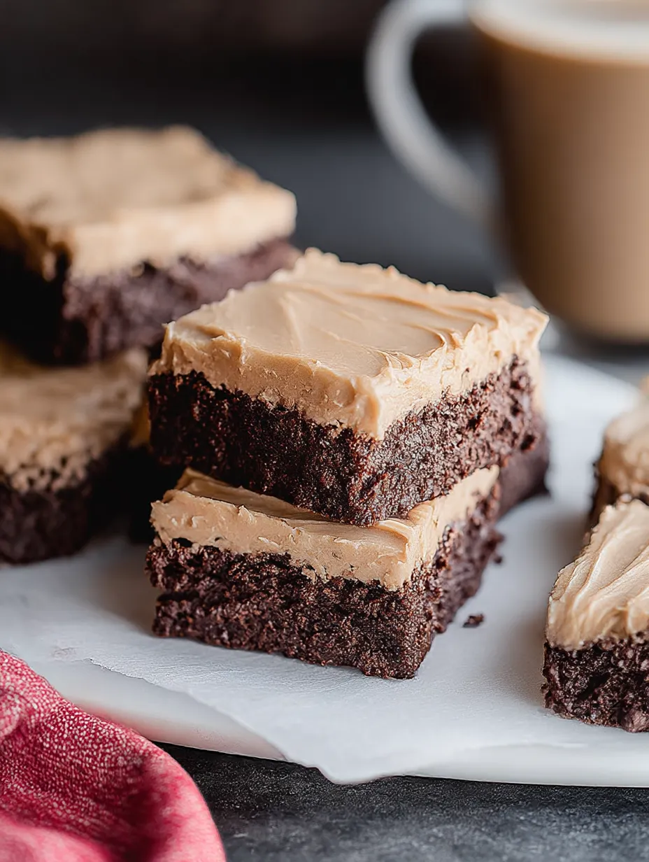 A plate stacked high with frosted brownies and coffee sprinkled on top