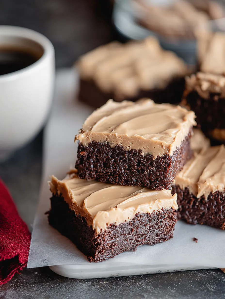 Close shot of super fudgy mocha brownies with creamy icing