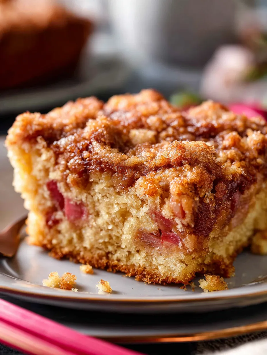A slice showing off all those cinnamon crumb layers and tender rhubarb cake.