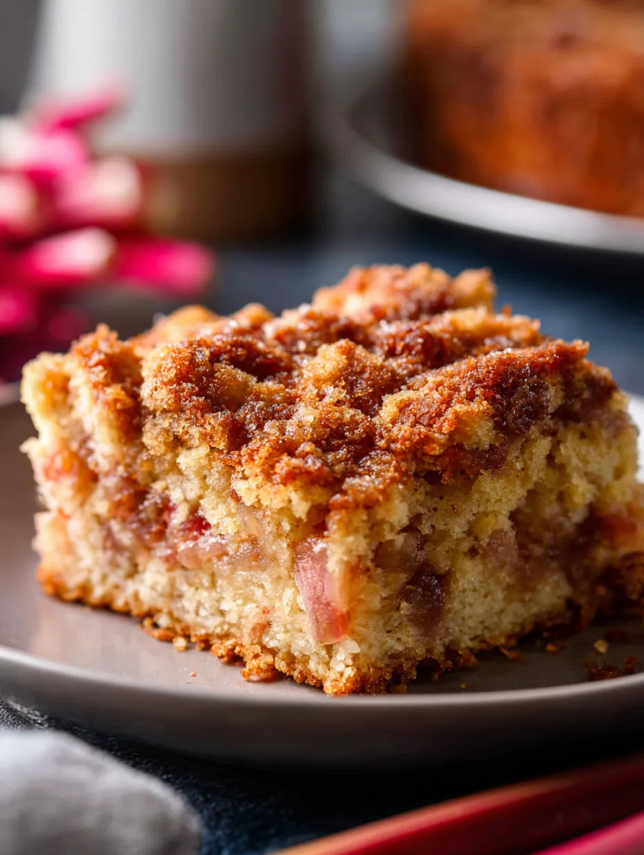 A generous slice showing the crumb layers and tart rhubarb in the middle.