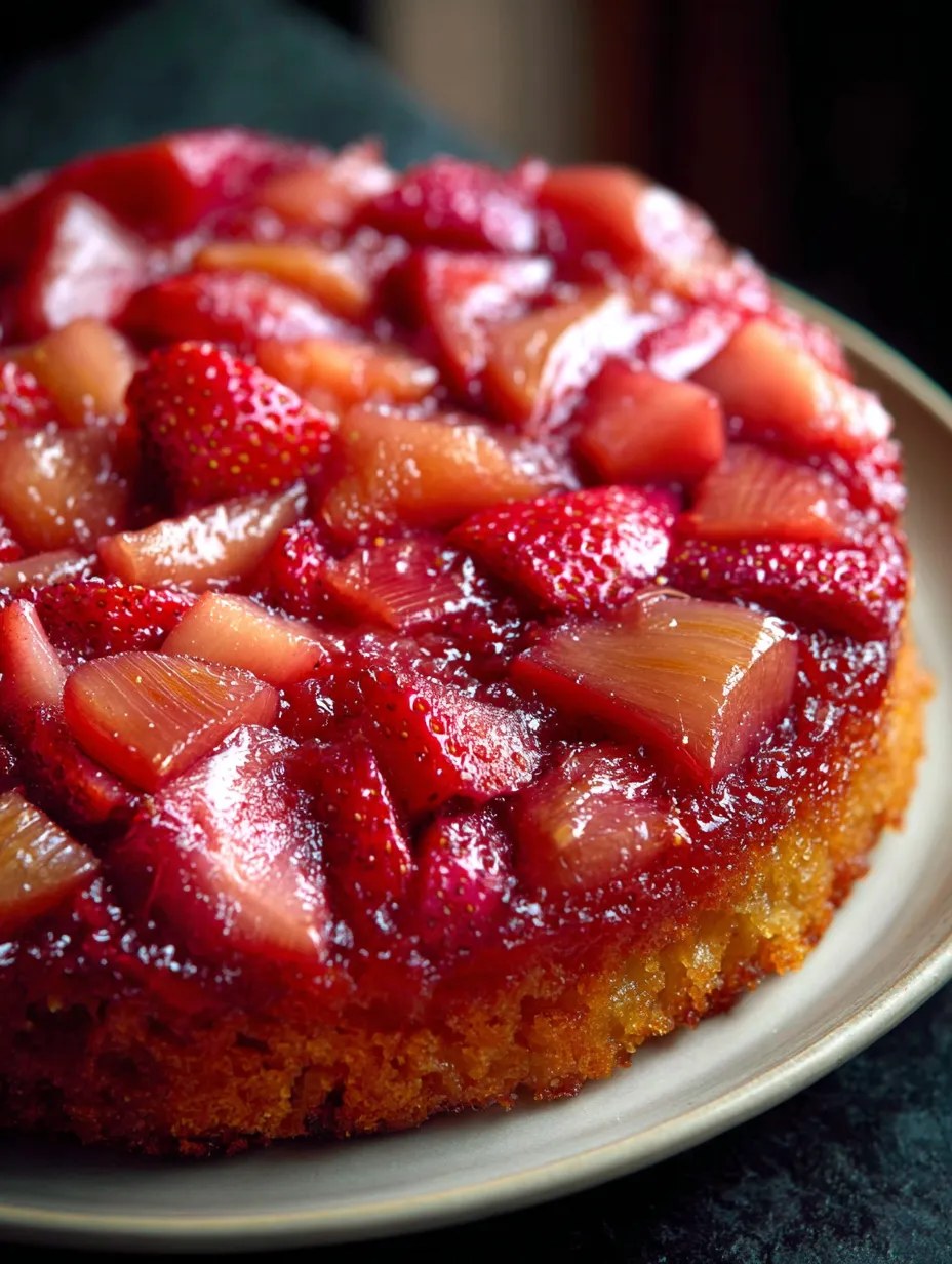 A slice showing fruity Strawberry Rhubarb Upside Down Cake.