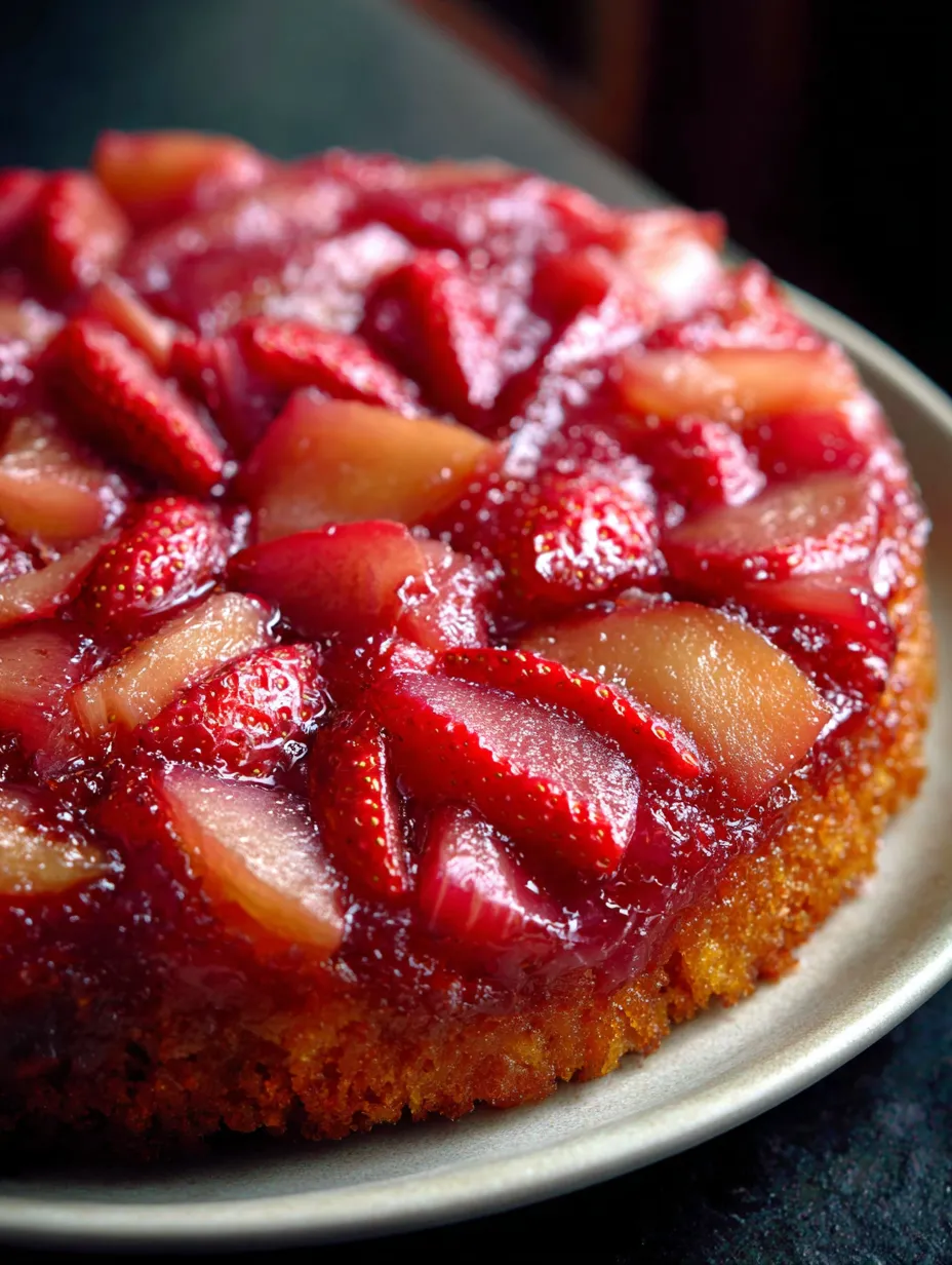 Simple Strawberry Rhubarb Upside Down Cake served up.
