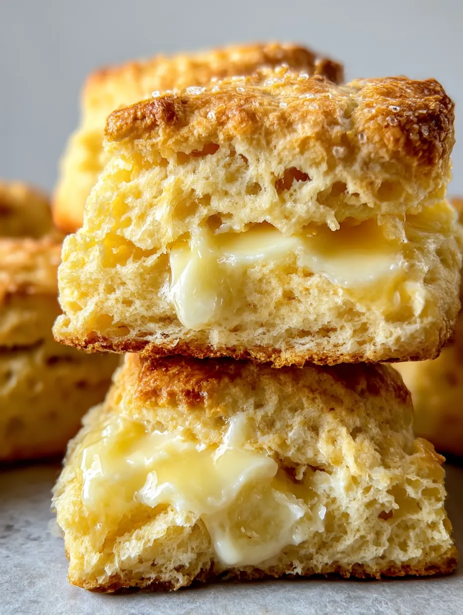 Three stacked biscuits, melting butter on top.