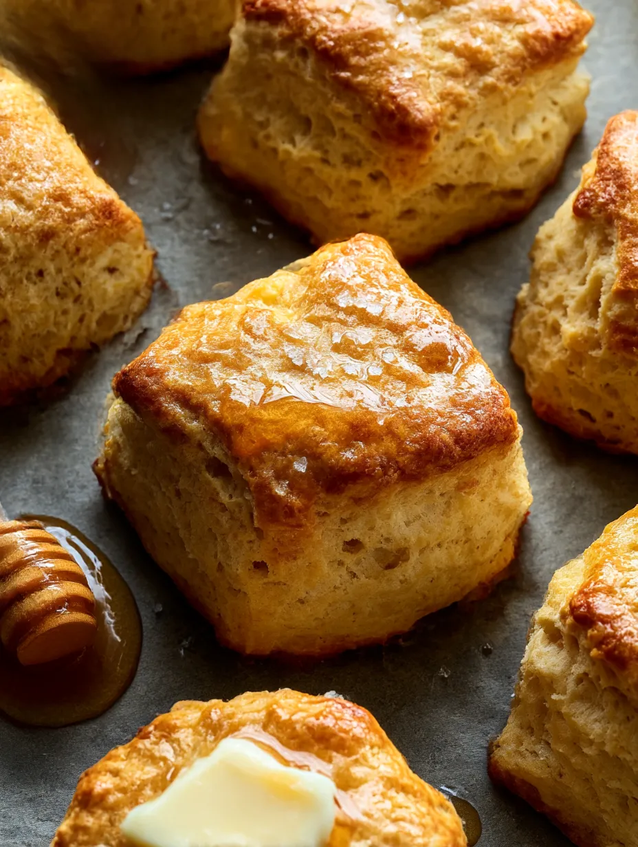 Tray loaded with biscuits, shiny from a honey drizzle.