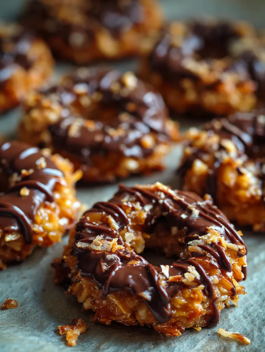 Fresh-baked Samoas style cookies in kitchen.
