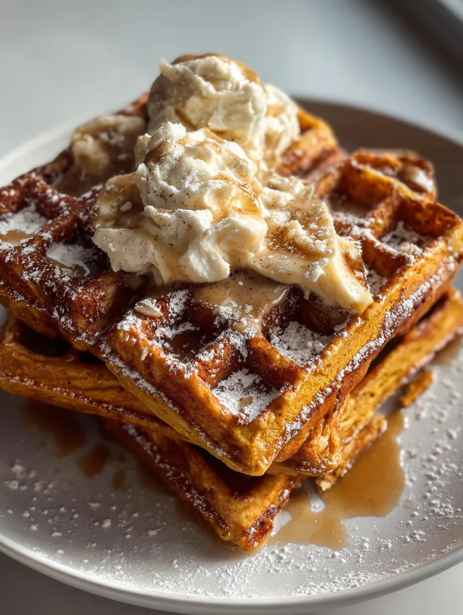 A stack of waffles with ice cream on top.