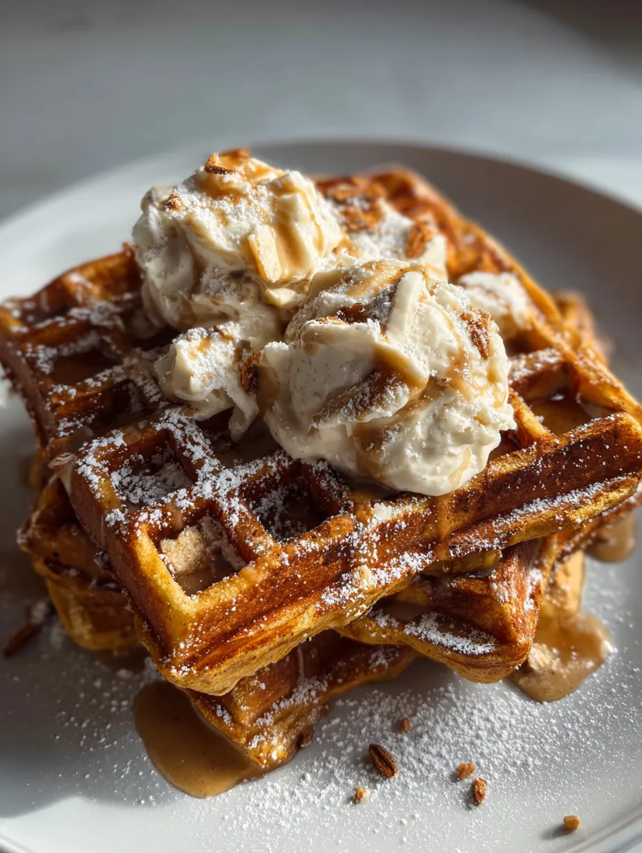 A plate of waffles with ice cream and syrup.
