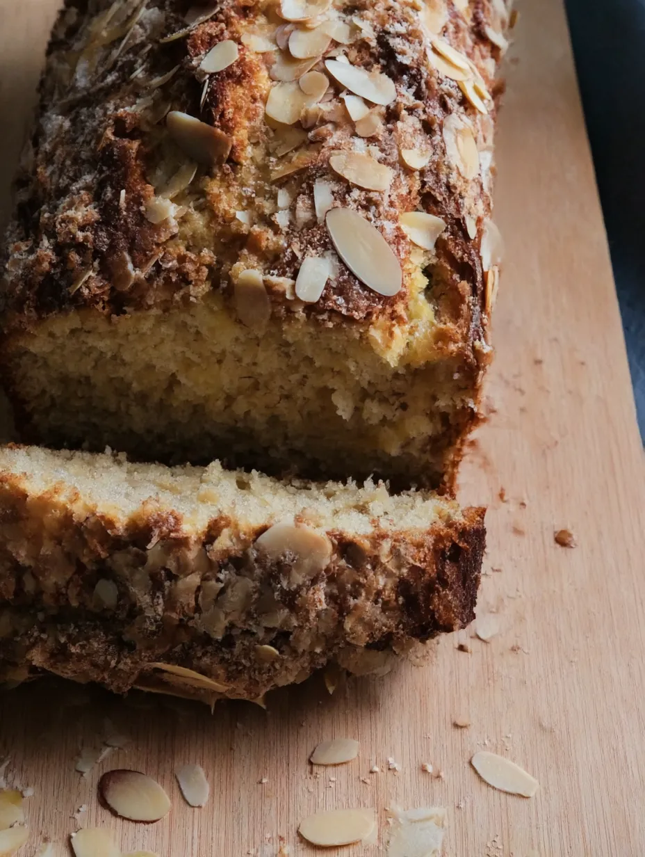 A thick slice topped with almonds sits on a wooden board.