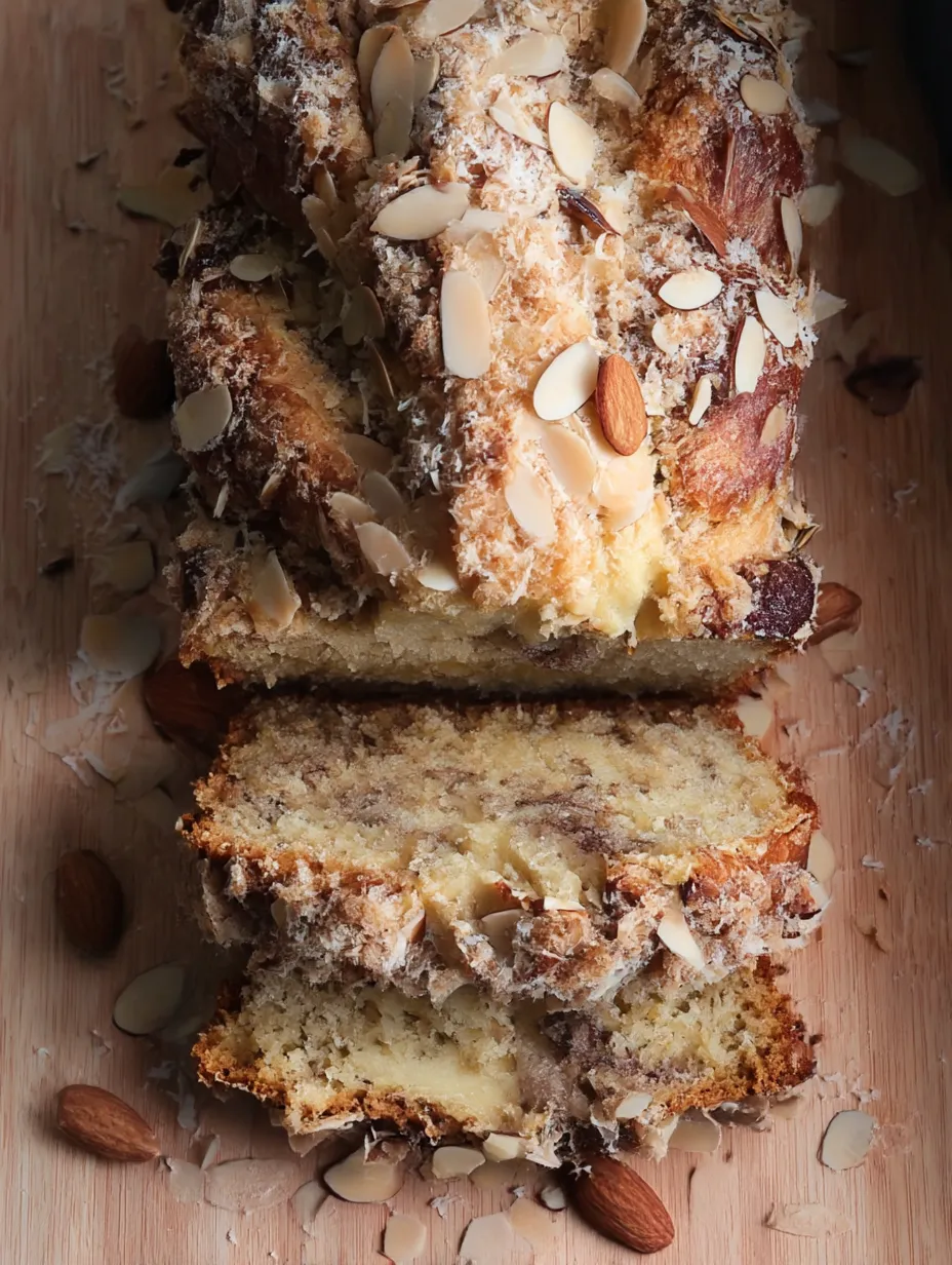 Moist Almond Croissant Banana Bread slice on a plate.