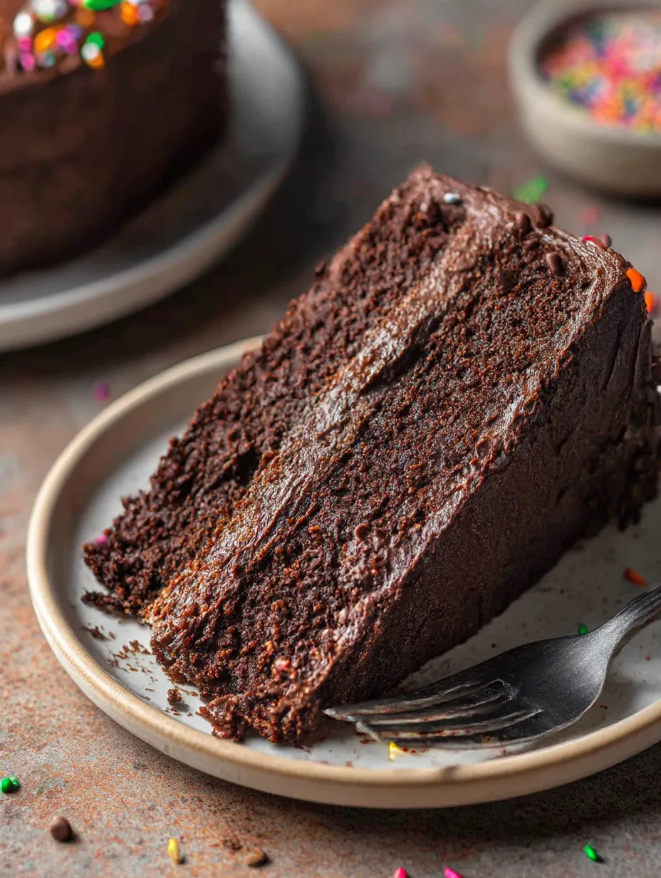 A gooey chocolate slice on a dessert plate.
