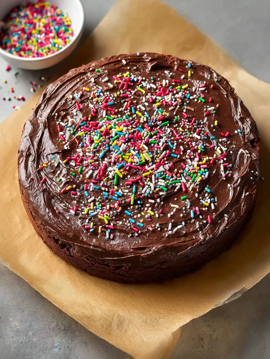 Chocolatey, sprinkle-topped celebration cake.