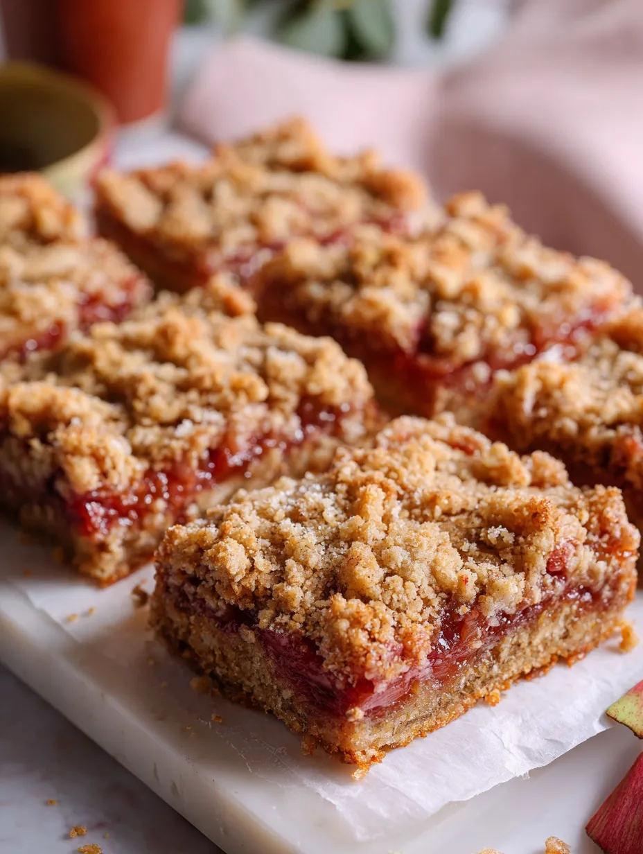 Closeup of an Amish Oatmeal Rhubarb Bar square on a plate.