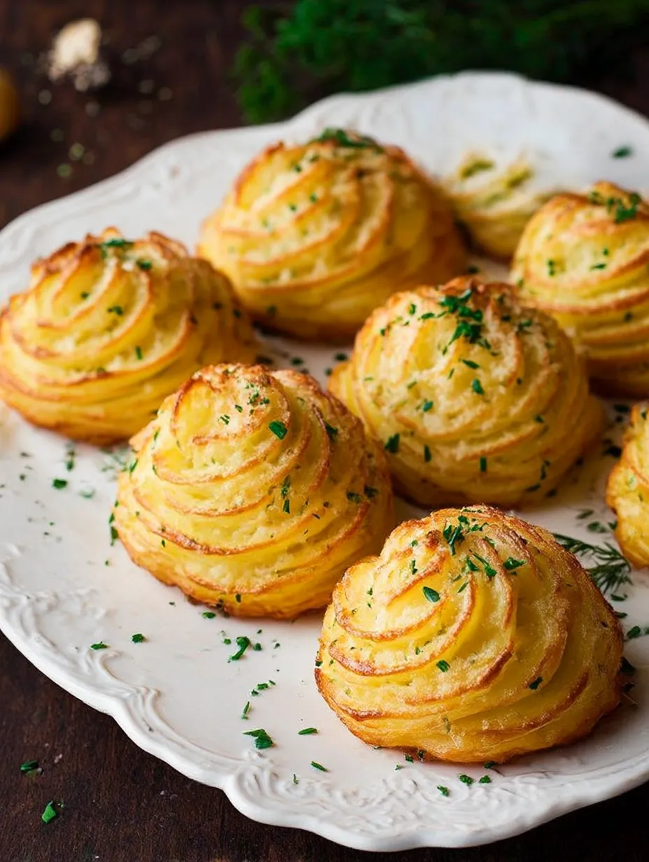 A plate with golden edges and pillowy Garlic Parmesan Duchess Potatoes.