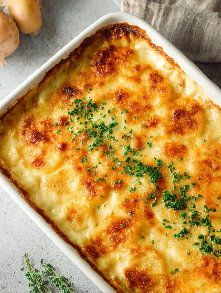 Roasted Garlic Potatoes au Gratin finished dish closeup.
