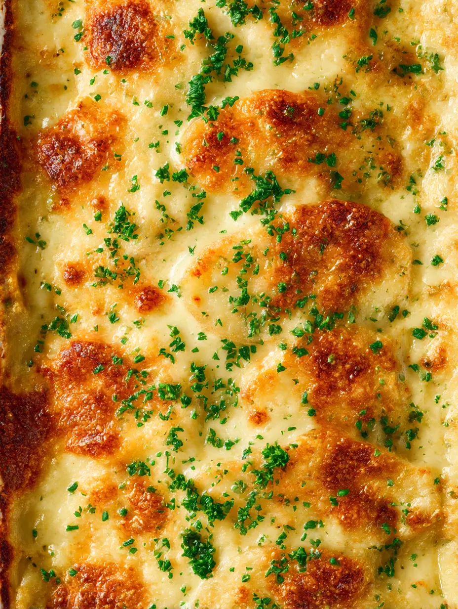 Closeup showing creamy cheesy potato layers with golden top.