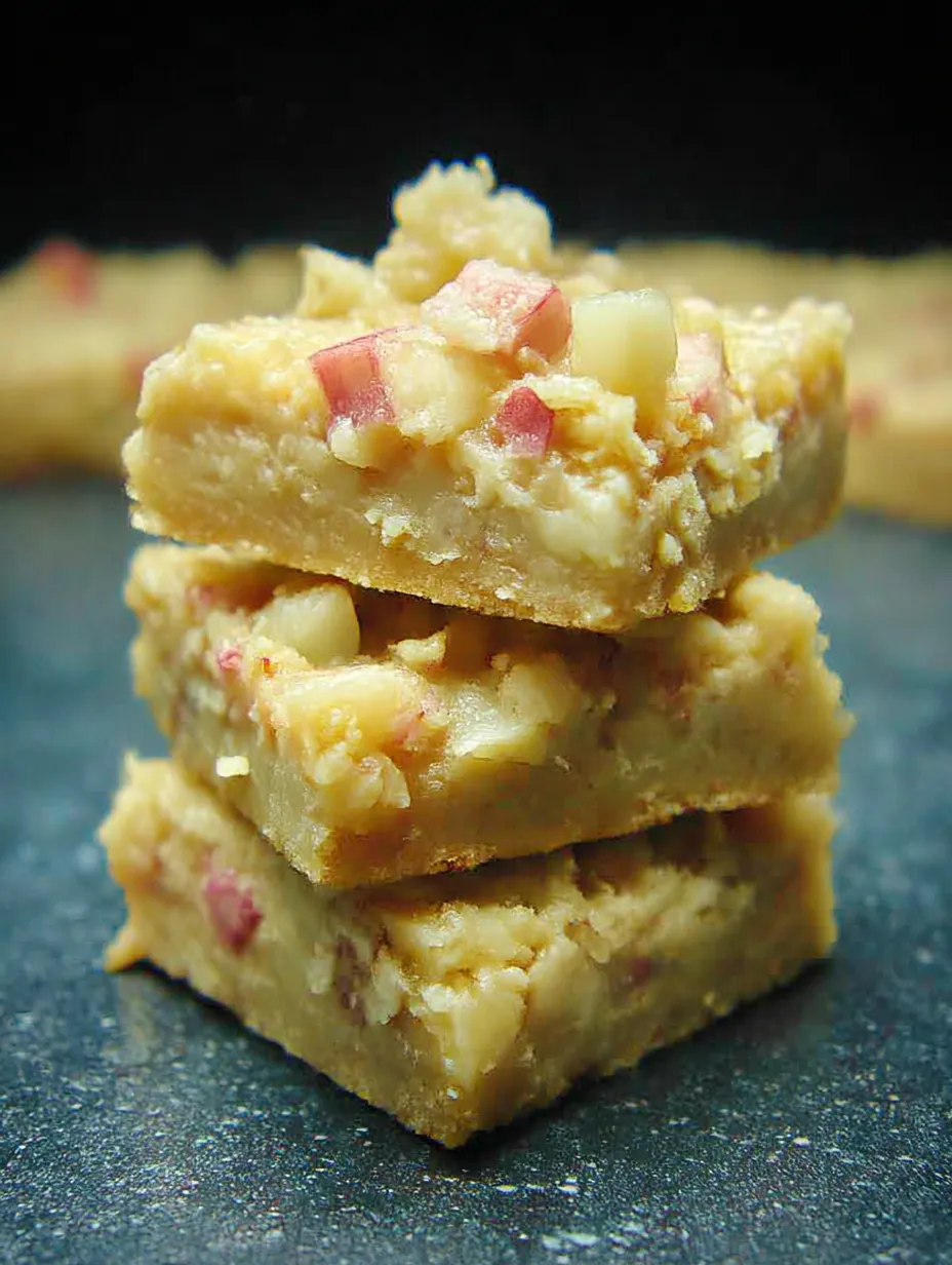 Lemon rhubarb bars stacked.