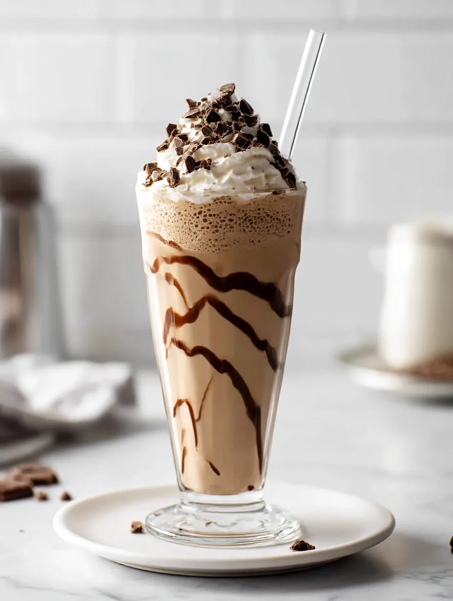 Glass topped with whipped cream and chocolate drizzle.