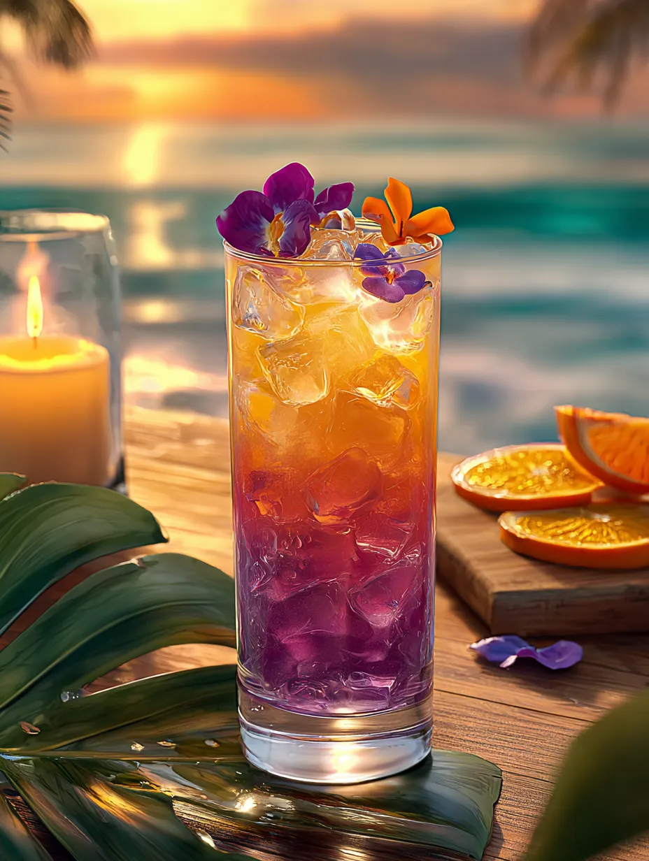 Drink with pink and orange layers and blossoms floating on top.