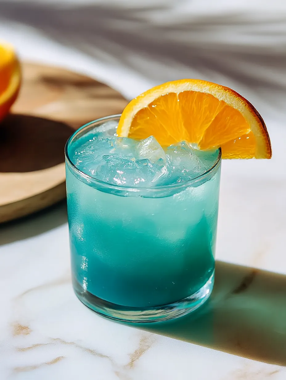 A tall blue mocktail with an orange slice resting on top.