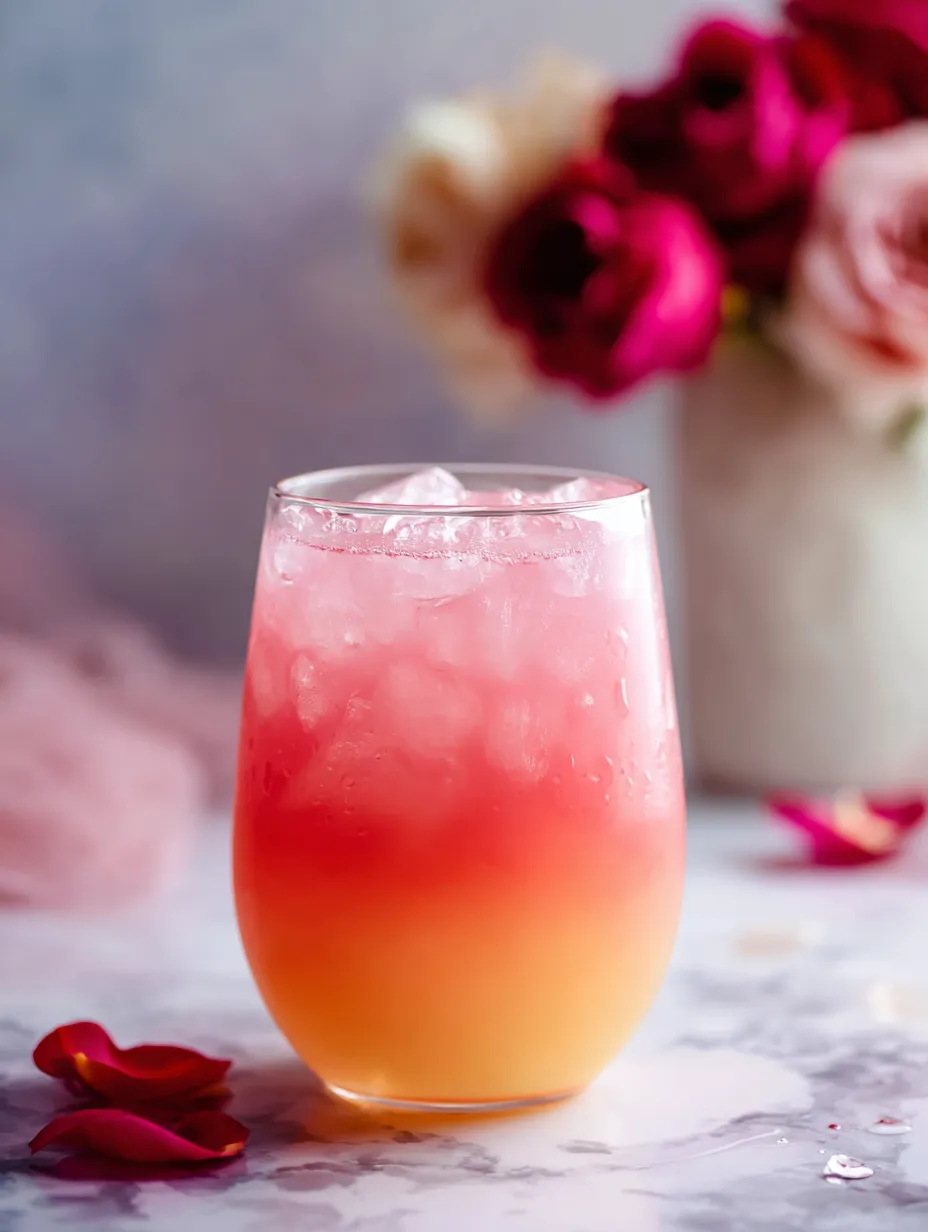 A glass filled with orange and pink layered drink.