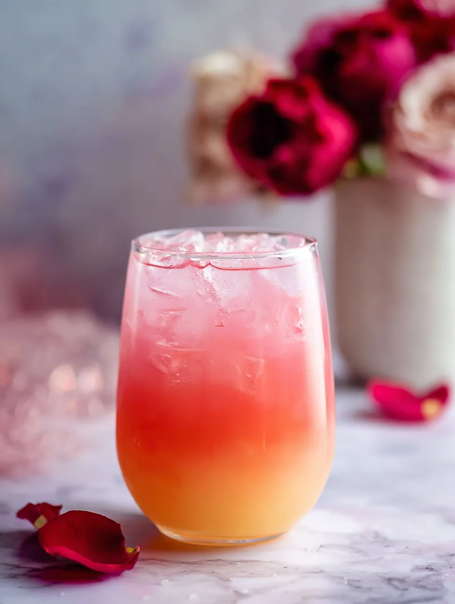 A glass of bright pink drink and chunky ice.