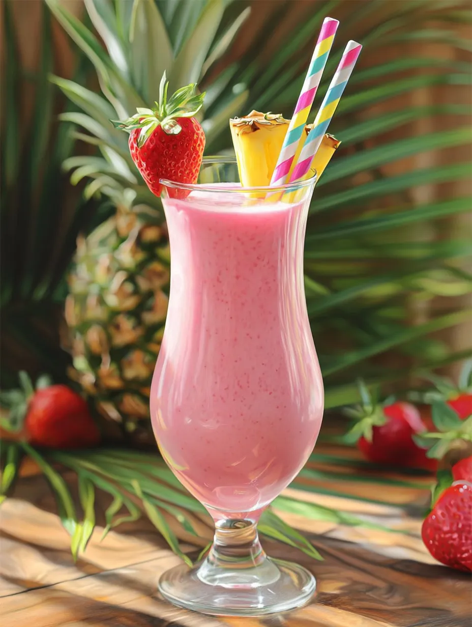 Refreshing alcohol-free strawberry piña colada drink in a glass with fruit garnish.