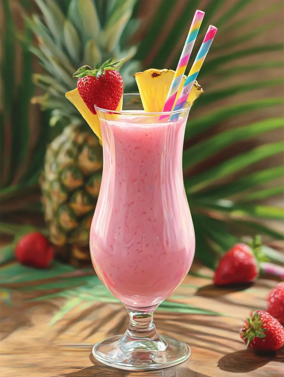 Alcohol-free strawberry piña colada shown with a fresh fruit garnish.