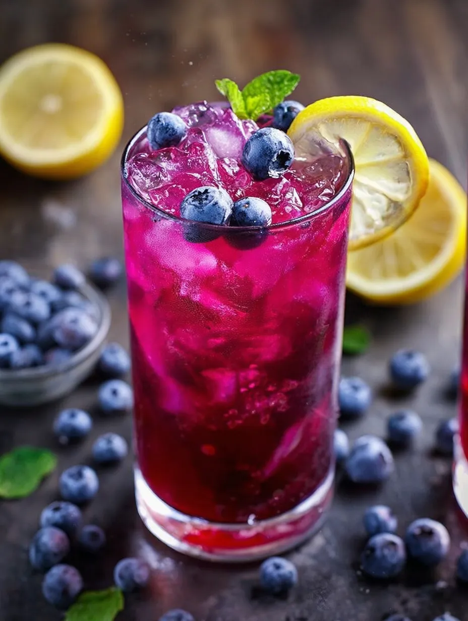 A glass filled with blueberry lemonade topped with a lemon wedge.