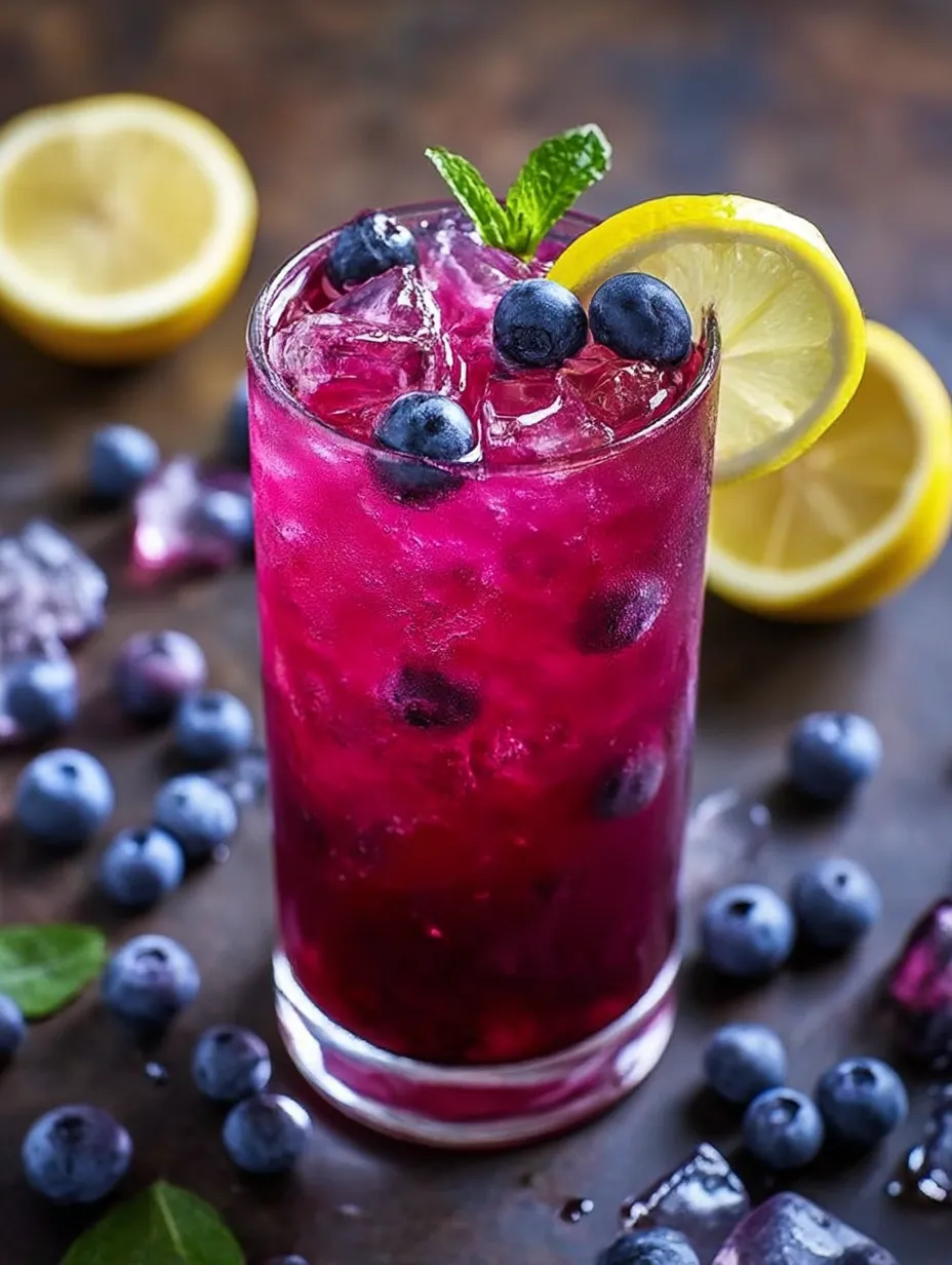 Tall glass of blueberry lemonade tea with lemon.